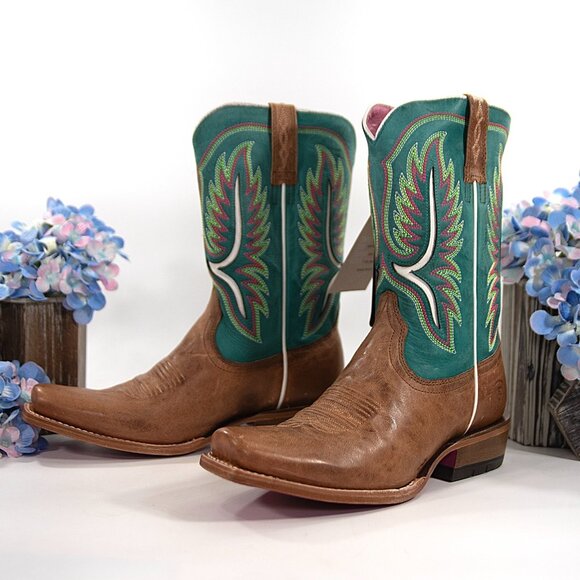 Ariat Shoes - Ariat Futurity Colt Embroidered Cenote Blue Tan Leather Western Cowboy Boots 9.5